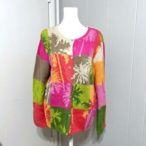 Northern Isles Womens Palm Tree Patchwork Cardigan Sweater Multi Color L Vintage